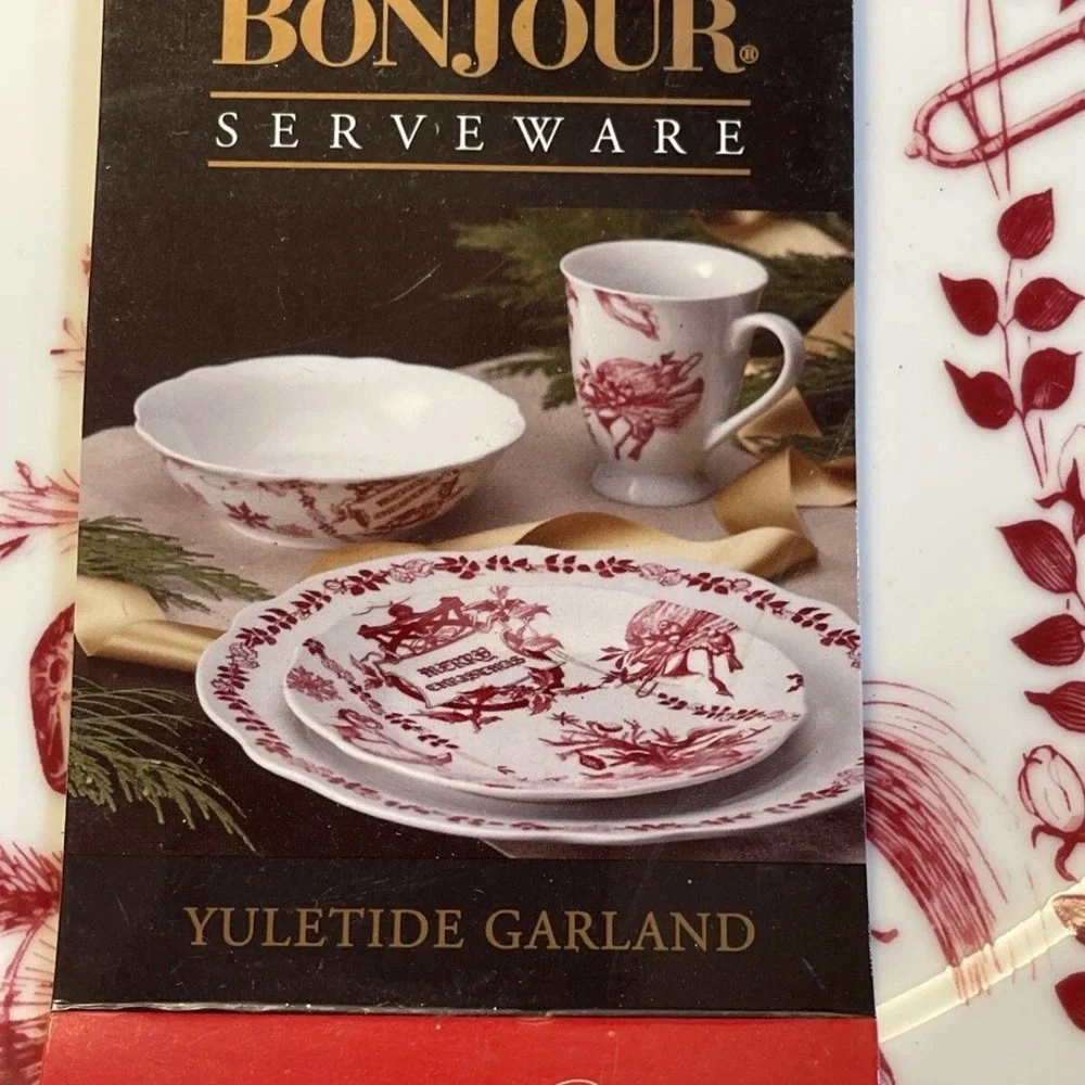 BonJour Yuletide Garland Platter 12in Porcelain Red White Christmas Toile